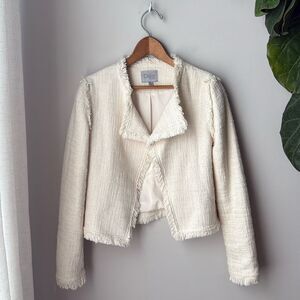 Dalia Tweed White Cream Fringe Raw Hem Natural Woven Blazer